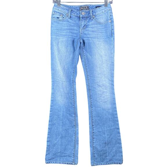 Seven7 Womens Jeans Blue Denim Flare Medium Wash Bedazzled Pockets Stretch 25 - Picture 1 of 13